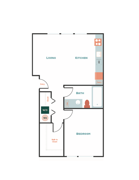 Floor plan for 1 bed, 1 bath, 635 sqft